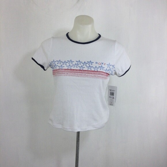 Roxy Americana Stars and Stripes Short Sleeve T-Shirt Top Bright White Small NWT - Picture 7 of 7
